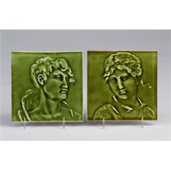Pair of fine VILLEROY & BOCH tiles molded with the portrait of a young man and woman, under sheer…