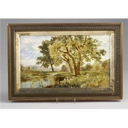 Fine and rare CHARLES VOLKMAR plaque painted in barbotine, ca. 1880, with a landscape of trees by…
