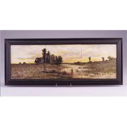 Fine and rare CHARLES VOLKMAR three-tile frieze, painted in barbotine with a landscape at dawn. S…