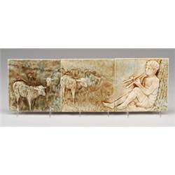 TRENT three-tile horizontal panel, impressed and embossed with a young shepherd playing the flute…