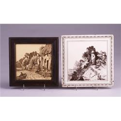Two MINTON'S tiles with transfer-printed etchings of landscapes possibly by William Wise, one 8" …