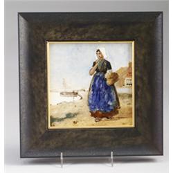 ROZENBURG tile painted 1889-93 with a woman in period dress carrying a basket, next to a canal an…
