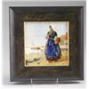 Image 1 : ROZENBURG tile painted 1889-93 with a woman in period dress carrying a basket, next to a canal an…