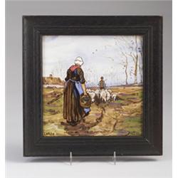 DISTEL tile painted on Longwy blank, 1885-1923, with a woman in traditional dress holding a baske…
