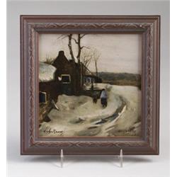Fine ROZENBURG tile underglaze-painted after a work by Anton Mauve, 1903, with a mother and child…
