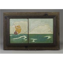 Fine and rare ROOKWOOD architectural faience two-tile frieze decorated in cuenca with a ship on t…