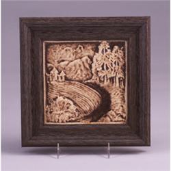 CALIFORNIA ART TILE molded with a mountainous landscape with buildings at the end of a bend in th…