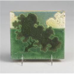 Fine and rare GRUEBY tile decorated in cuenca with a large oak tree in brown and dark green on a …