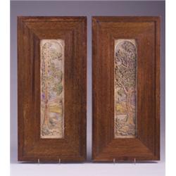Pair of fine and rare CLAYCRAFT tall vertical tiles, molded with Pacific Coast landscapes and tre…