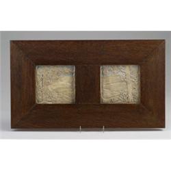 Two BATCHELDER tiles forming a landscape frieze with pine trees and gentle hills, engobe-painted …