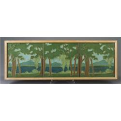 Fine, large and rare ROOKWOOD architectural faience three-tile frieze depicting a landscape with …