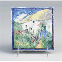 Fine and rare BYRDCLIFFE faience tile, hand-painted with a cottage and its lush garden in polychr…