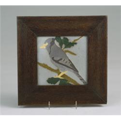 Fine and rare VAN BRIGGLE tile decorated in cuenca with a purple cardinal on a mustard and green …