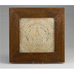 Fine, large and rare BATCHELDER tile molded with two eagles within a medallion studded with four …