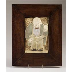 Rare UNITILE tile molded with a man in bowtie and long jacket, in dead-matte white, blue and blac…