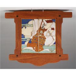 Fine and rare GLADDING, McBEAN four-tile panel decorated in cuerda seca with a large stylized sai…