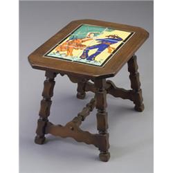 Fine TAYLOR tile-top table with six tiles decorated in cuerda seca with a couple of Spanish dance…