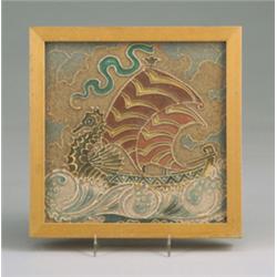 Large and fine DE PORCELEYNE FLES tile decorated in cuenca with a Viking ship on a stormy sea, in…