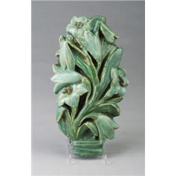 Fine and unusual ROOKWOOD architectural faience wall-hanging molded with lilies in turquoise and …