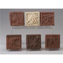 Six ENFIELD tiles of red or white clay, from the "Incidents in the Day's Work on the Farm" series…