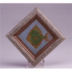 Fine and rare MUELLER diamond-shaped red clay tile incised with a whimsical fish in green on a bl…