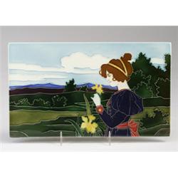 Fine and rare JOHANN VON SCHWARZ horizontal tile decorated in cuenca with a woman in a garden, pi…