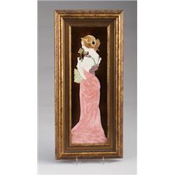 Fine Bohemian Art Nouveau vertical tile depicting in cuenca a lady in profile in a pink and green…