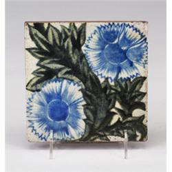 WILLIAM DE MORGAN tile tin-glazed with double blue and white carnations with green foliage. Small…