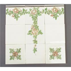 Fine nine-tile panel, seven tube-lined tiles by GILLIOT & Cie (Hemixem, Belgium) with pink and ye…