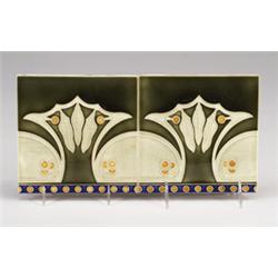 Pair of fine German frieze tiles with a foliate pattern in celadon with amber berries on green, u…