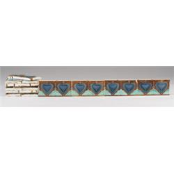 Fifteen MALKIN (England) border frieze tiles decorated in cuenca with peacock feathers in blue an…