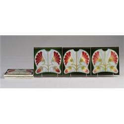 Six fine TONWERK OFFSTEIN ALBERTWERKE (Germany) tiles decorated in cuenca with double red blossom…
