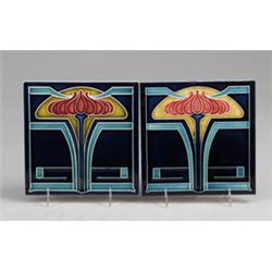 Two GROHN (Germany) tiles with a stylized red flower in cuenca on gold, on a geometric indigo and…