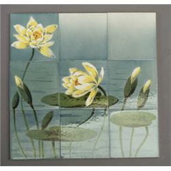 Fine SAINT-AMAND nine-tile panel (France) stencil-decorated with yellow waterlilies and large gre…