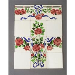 Twelve Continental tiles forming a panel and a frieze, eight S.D.V. tiles stenciled with red rose…