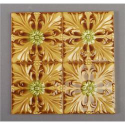 Four fine GILLIOT & Cie (Hemixem, Belgium) tiles embossed with full-sized Gothic acanthus leaves …