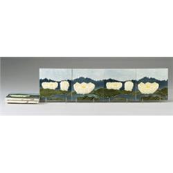 Frieze of six fine NORDDEUTSCHE STEINGUTFABRIK (Germany) majolica tiles, molded with fleshy ivory…