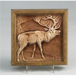 HAMILTON tile, 1880s, molded with a stag and covered in sheer glossy pink glaze. Small chip to an…