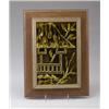 Image 1 : MAW tile embossed with a South Pacific hut under an olive-green glaze. Framed. Unmarked. 9" x 6".…