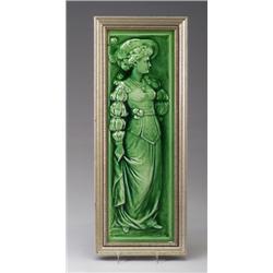 AMERICAN ENCAUSTIC TILING CO. vertical tile panel, molded in relief with a lady in Renaissance dr…