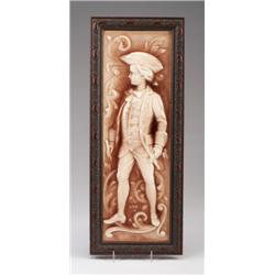 AMERICAN ENCAUSTIC TILING CO. vertical tile panel, molded in relief with a young man in Colonial …