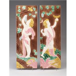 Pair of AMERICAN ENCAUSTIC TILING CO. vertical tile panels, molded in relief with Classical Bacch…