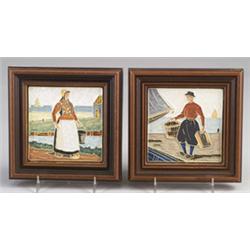 Pair of tiles by DE PORCELEYNE FLES decorated in cuenca with a man and woman in traditional costu…