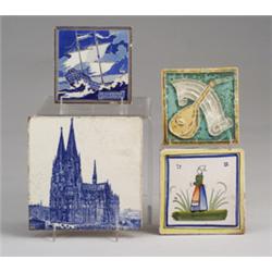 Four assorted European tiles: DE PORCELEYNE FLES with mandolin in good crystalline glaze; WESTRAV…
