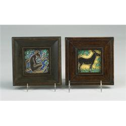 Two early DE PORCELEYNE FLES tiles decorated in cuenca with animals: a monkey on a branch, and a …