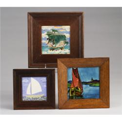 Three tiles depicting sailing vessels: one by PILKINGTON painted with a Dutch landscape of fishin…