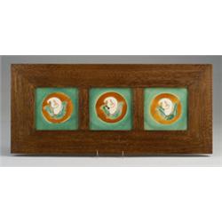 Three SAN JOSE tiles decorated in cuerda seca with white calla lily on brown and green ground. Mo…