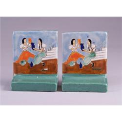 Unusual pair of SAN JOSE bookends decorated in cuerda seca with two women sitting at the foot of …