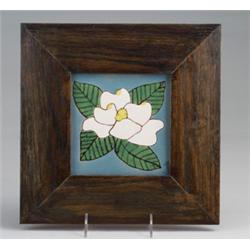 Unusual SAN JOSE tile decorated in cuerda seca with a single white and yellow magnolia with green…