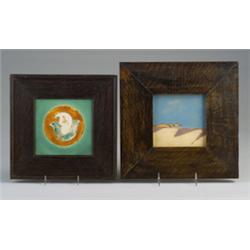 Two SAN JOSE tiles decorated in cuerda seca, one with a single white and yellow calla lily on a b…